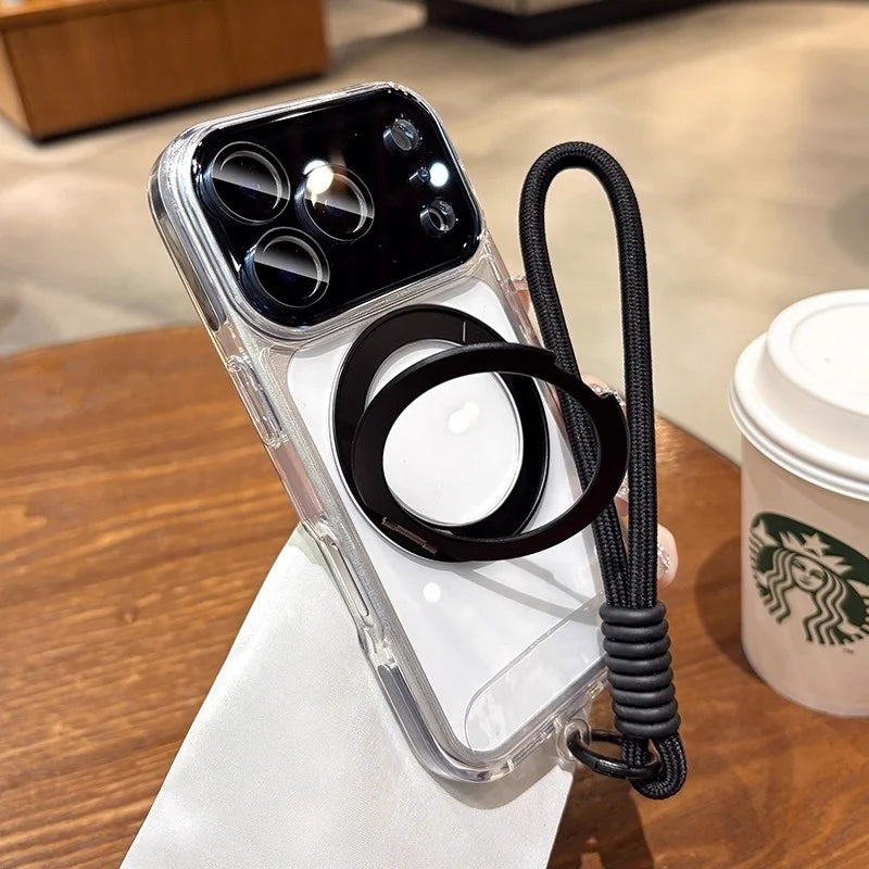 Rotating Magnetic Stand For Magsafe Clear Case For iPhone 17 16 15 14 13 Pro Max Air Wrist Strap Lanyard Wireless Charger Cover