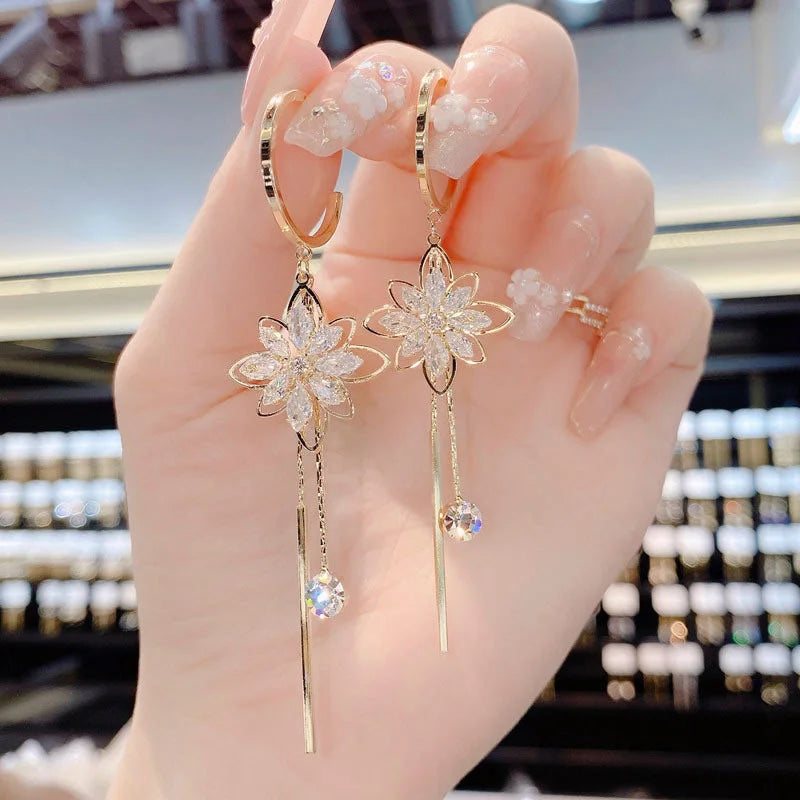 Green Shiny Zircon Flower Drop Earrings For Women Luxury Crystal Long Tassel Ear Line Hanging Earring Girls Wedding Jewelry Gift