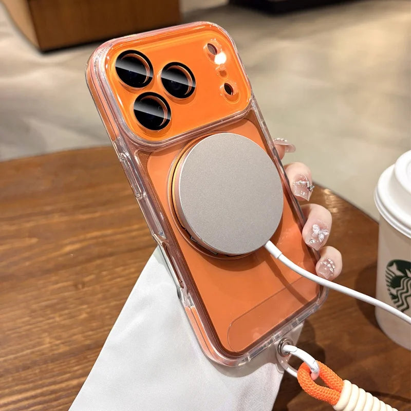 Rotating Magnetic Stand For Magsafe Clear Case For iPhone 17 16 15 14 13 Pro Max Air Wrist Strap Lanyard Wireless Charger Cover
