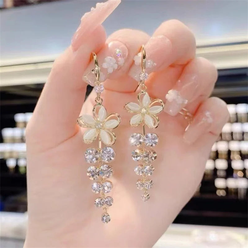 Green Shiny Zircon Flower Drop Earrings For Women Luxury Crystal Long Tassel Ear Line Hanging Earring Girls Wedding Jewelry Gift