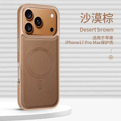 Luxury Business Electroplated Leather For Magsafe For iPhone 17 16 15 14 Pro Max Side Texture Magnetic Wireless Charging Cover