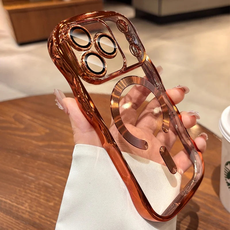 Plating Curly Wavy Transparent Magnetic Case For iPhone 17 16 14 15 13 Pro Max For Magsafe Charging Silicone Soft Bumper Cover