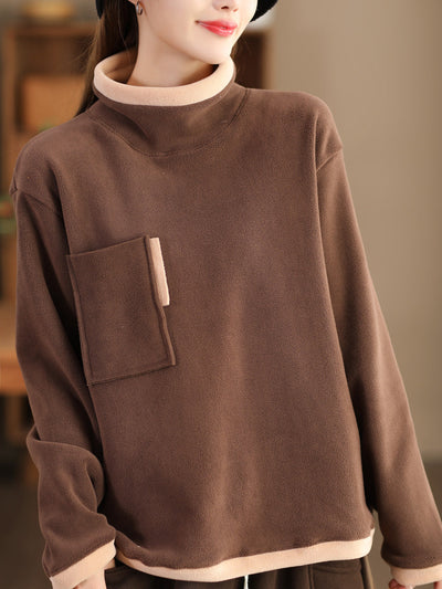Women Casual Winter Spliced Turtleneck Fleece Sweatshirt