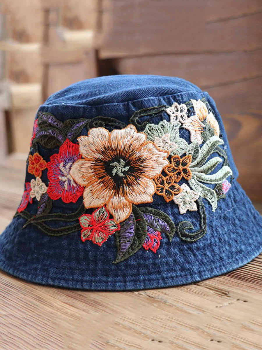Women Retro Flower Embroidery Denim Bucket Hat