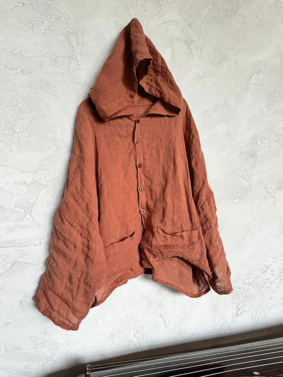 Plus Size Women Summer Vintage Linen Solid Button-up Hooded Shirt