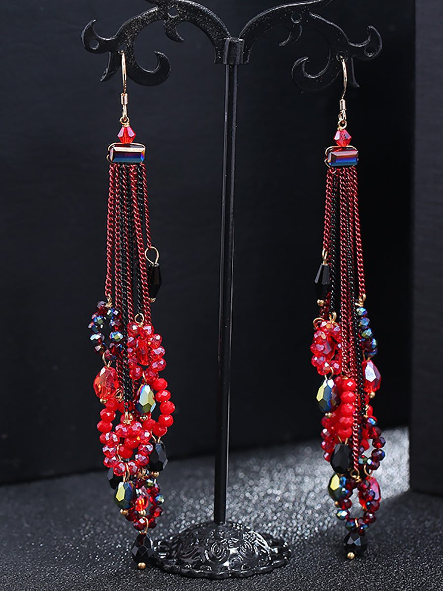 Women Vintage Bead Knitted Tassel Silver Earrings