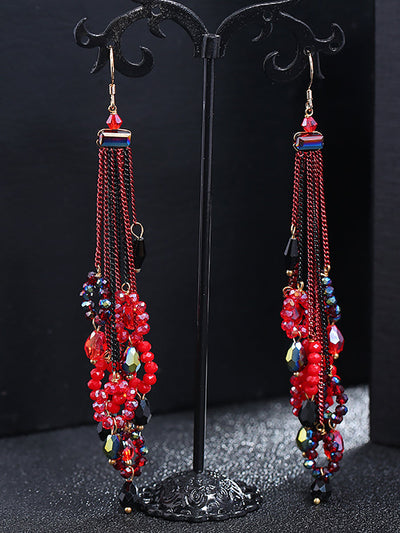 Women Vintage Bead Knitted Tassel Silver Earrings