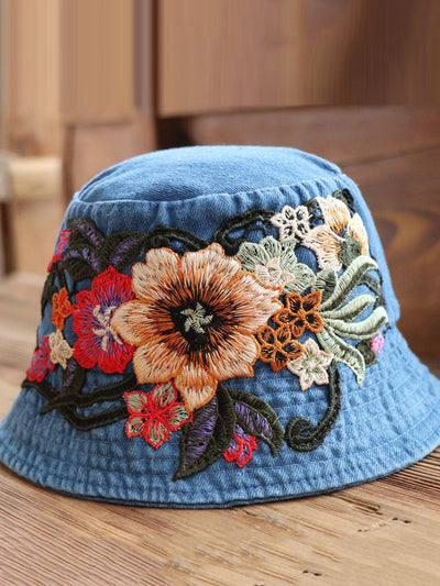Women Retro Flower Embroidery Denim Bucket Hat