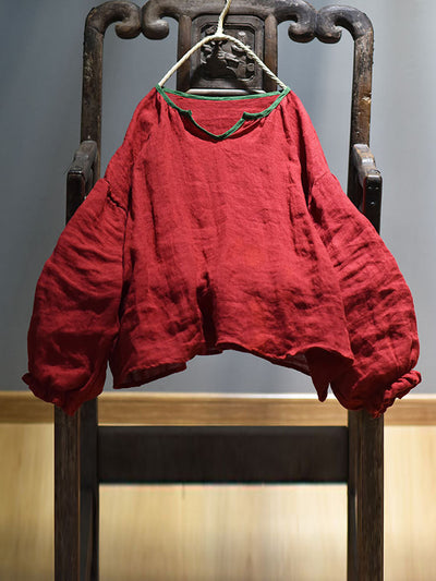 Plus Size Women Spring Retro V-Neck Puff Sleeve Shirt