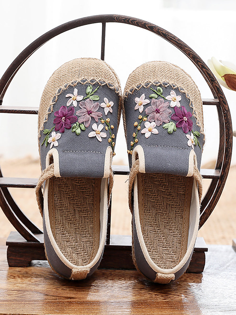 Women Summer Ethnic Ribbon Flower Cloth Flat Shoes