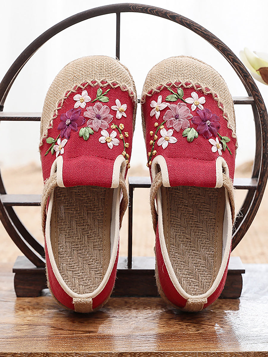 Women Summer Ethnic Ribbon Flower Cloth Flat Shoes
