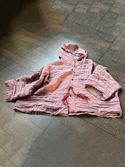 Plus Size Women Summer Vintage Linen Solid Button-up Hooded Shirt