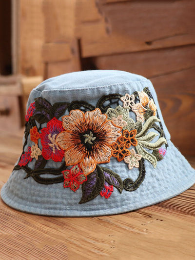 Women Retro Flower Embroidery Denim Bucket Hat