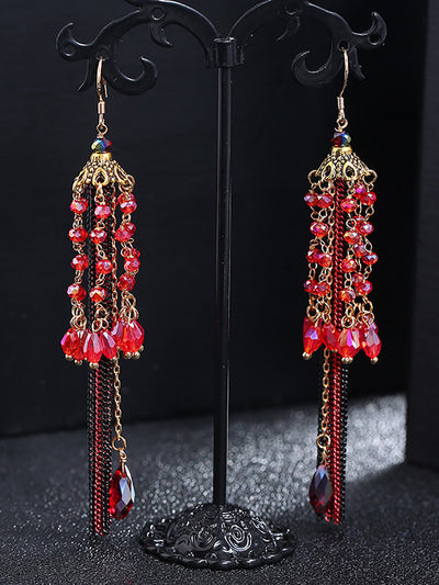 Women Vintage Bead Knitted Tassel Silver Earrings