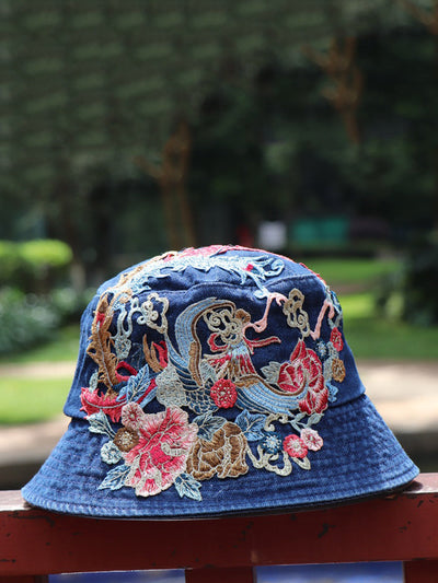 Women Retro Flower Embroidery Denim Bucket Hat