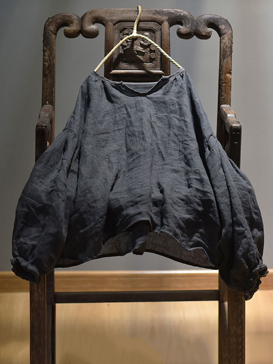 Plus Size Women Spring Retro V-Neck Puff Sleeve Shirt