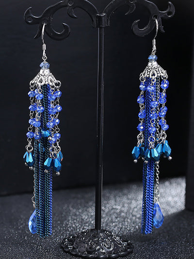 Women Vintage Bead Knitted Tassel Silver Earrings