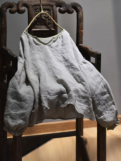 Plus Size Women Spring Retro V-Neck Puff Sleeve Shirt