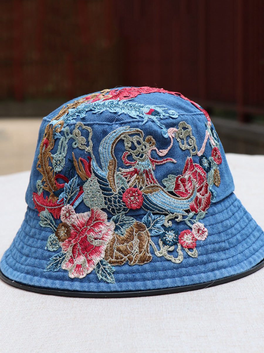 Women Retro Flower Embroidery Denim Bucket Hat