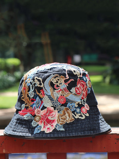 Women Retro Flower Embroidery Denim Bucket Hat