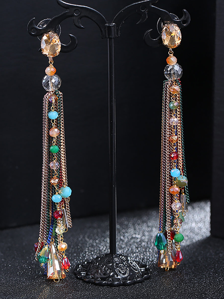 Women Vintage Bead Knitted Tassel Silver Earrings