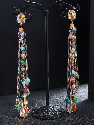 Women Vintage Bead Knitted Tassel Silver Earrings