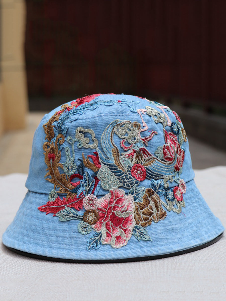Women Retro Flower Embroidery Denim Bucket Hat