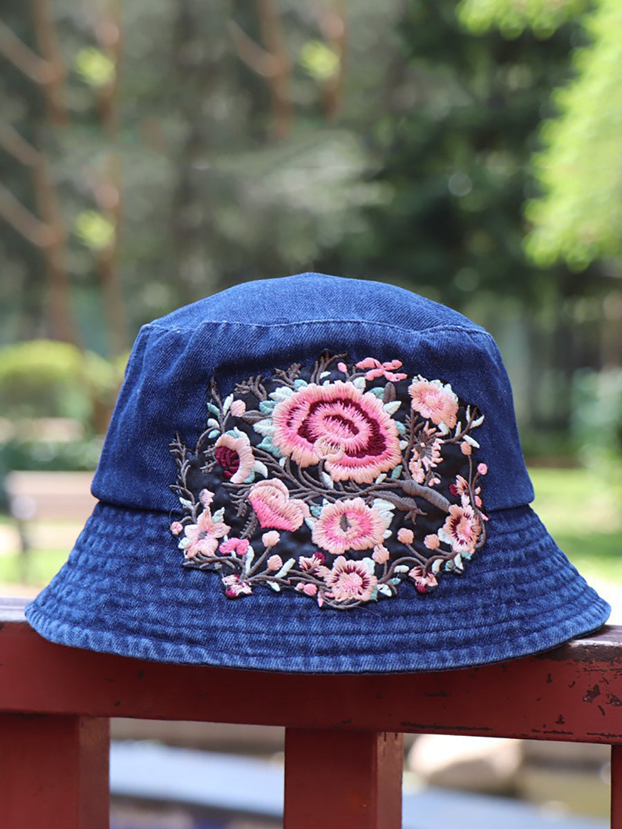 Women Retro Flower Embroidery Denim Bucket Hat