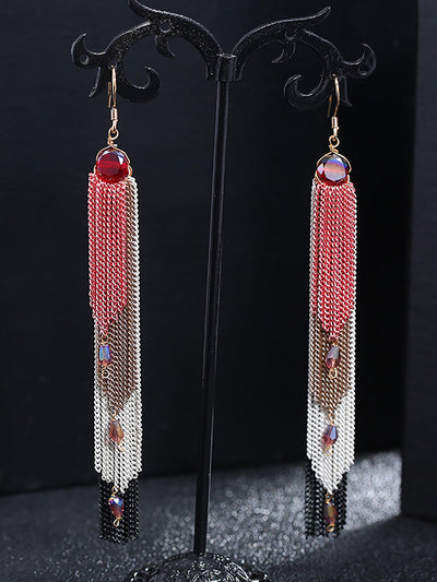 Women Vintage Bead Knitted Tassel Silver Earrings