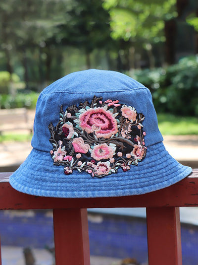 Women Retro Flower Embroidery Denim Bucket Hat