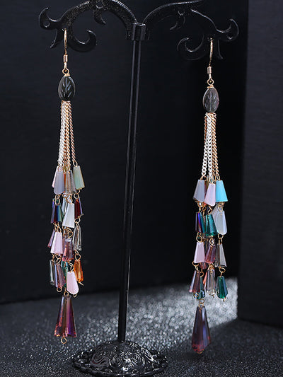 Women Vintage Bead Knitted Tassel Silver Earrings