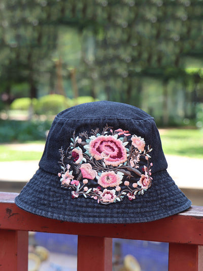 Women Retro Flower Embroidery Denim Bucket Hat