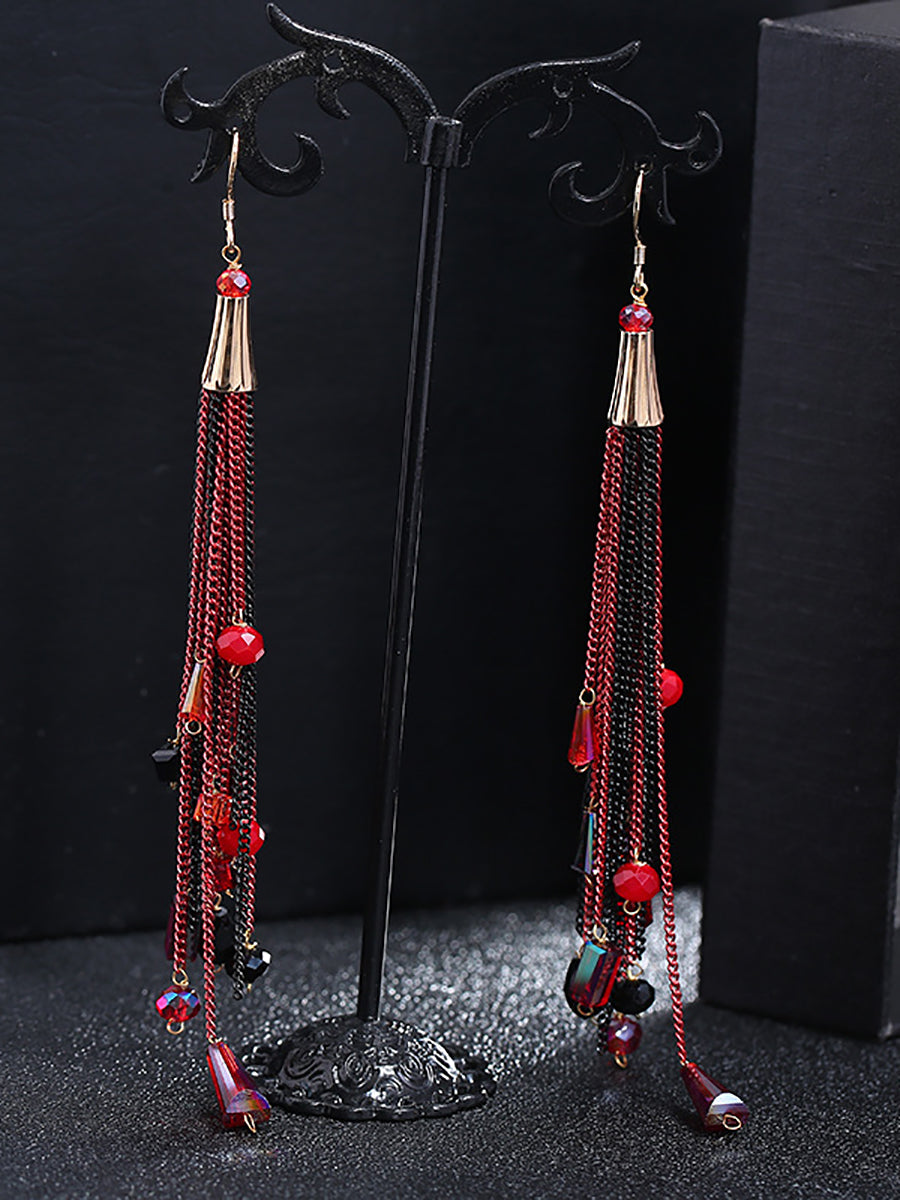Women Vintage Bead Knitted Tassel Silver Earrings
