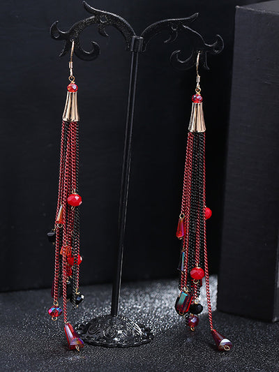 Women Vintage Bead Knitted Tassel Silver Earrings