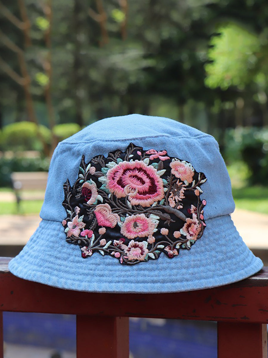 Women Retro Flower Embroidery Denim Bucket Hat