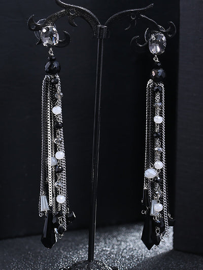 Women Vintage Bead Knitted Tassel Silver Earrings