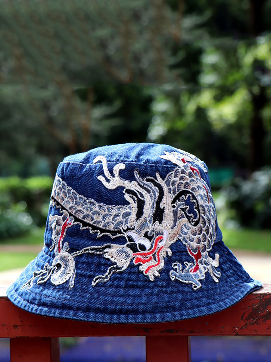 Women Retro Flower Embroidery Denim Bucket Hat