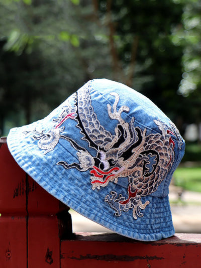 Women Retro Flower Embroidery Denim Bucket Hat
