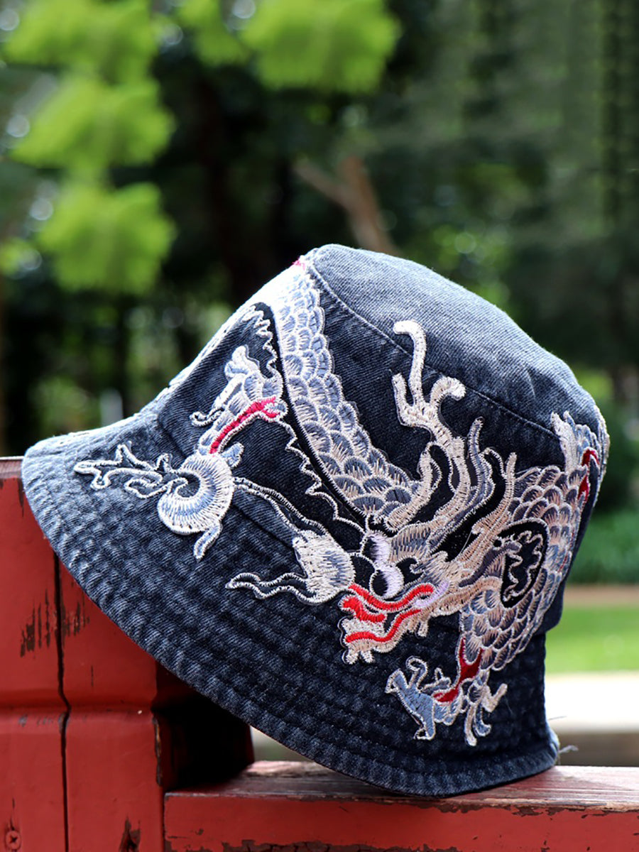 Women Retro Flower Embroidery Denim Bucket Hat