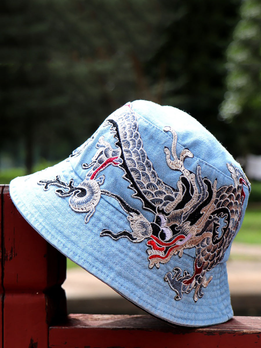 Women Retro Flower Embroidery Denim Bucket Hat