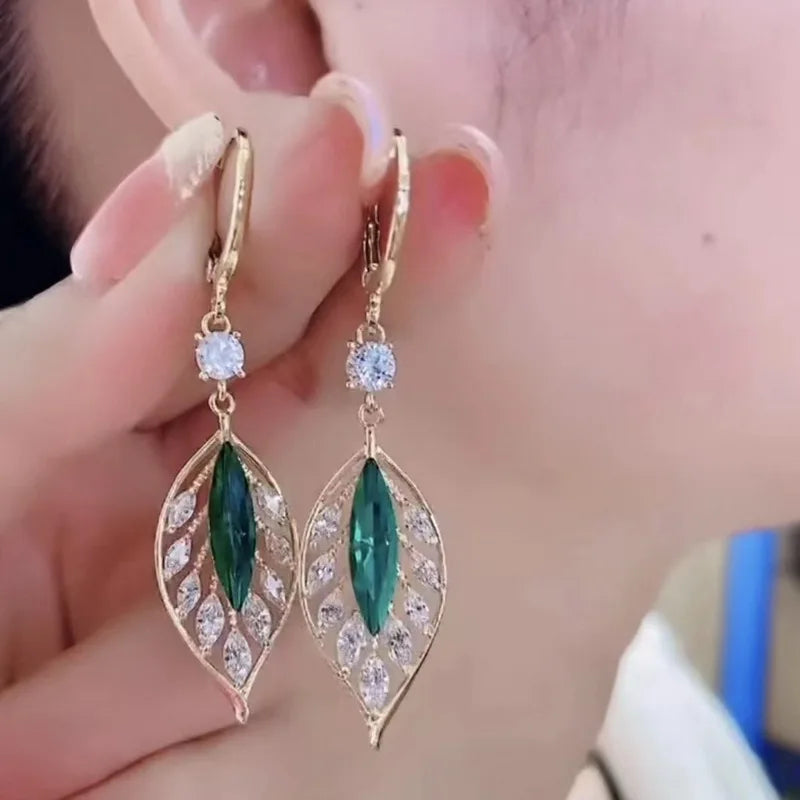 Green Shiny Zircon Flower Drop Earrings For Women Luxury Crystal Long Tassel Ear Line Hanging Earring Girls Wedding Jewelry Gift