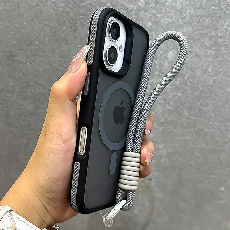 Luxury With Lanyard Magsafe Matte Phone Case For iPhone 16E SE4 16 15 14 13 12 11 Pro Max Plus Magnetic Bumper Back Cases Cover