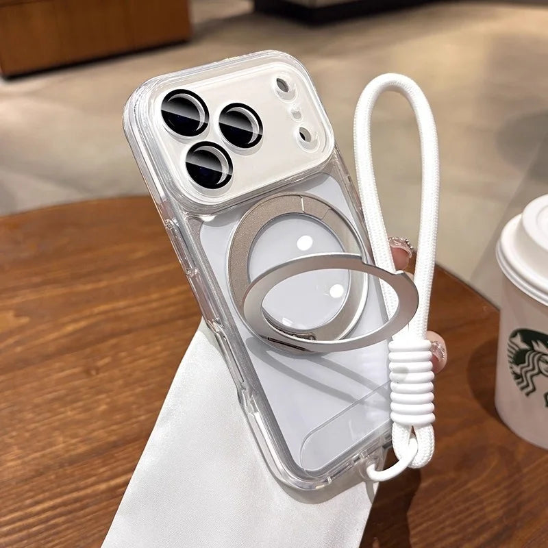 Rotating Magnetic Stand For Magsafe Clear Case For iPhone 17 16 15 14 13 Pro Max Air Wrist Strap Lanyard Wireless Charger Cover
