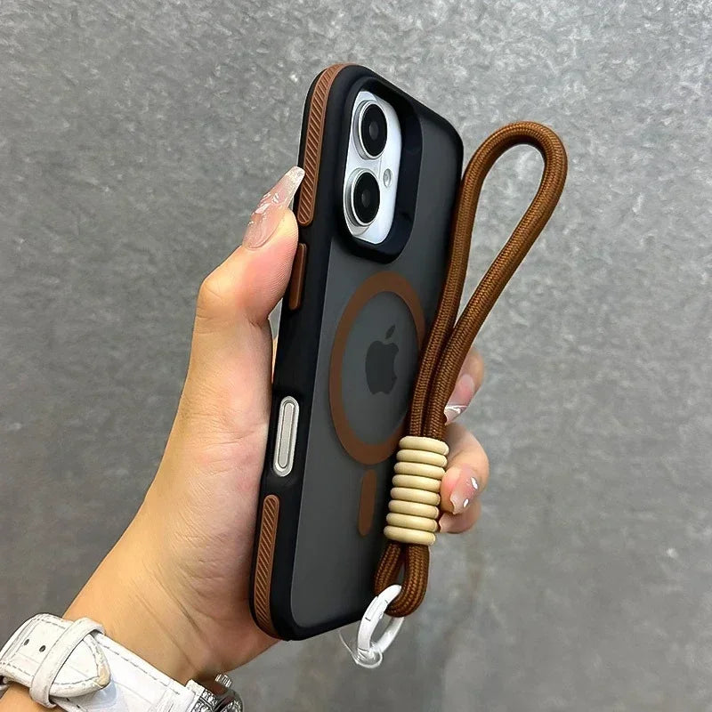 Luxury With Lanyard Magsafe Matte Phone Case For iPhone 16E SE4 16 15 14 13 12 11 Pro Max Plus Magnetic Bumper Back Cases Cover