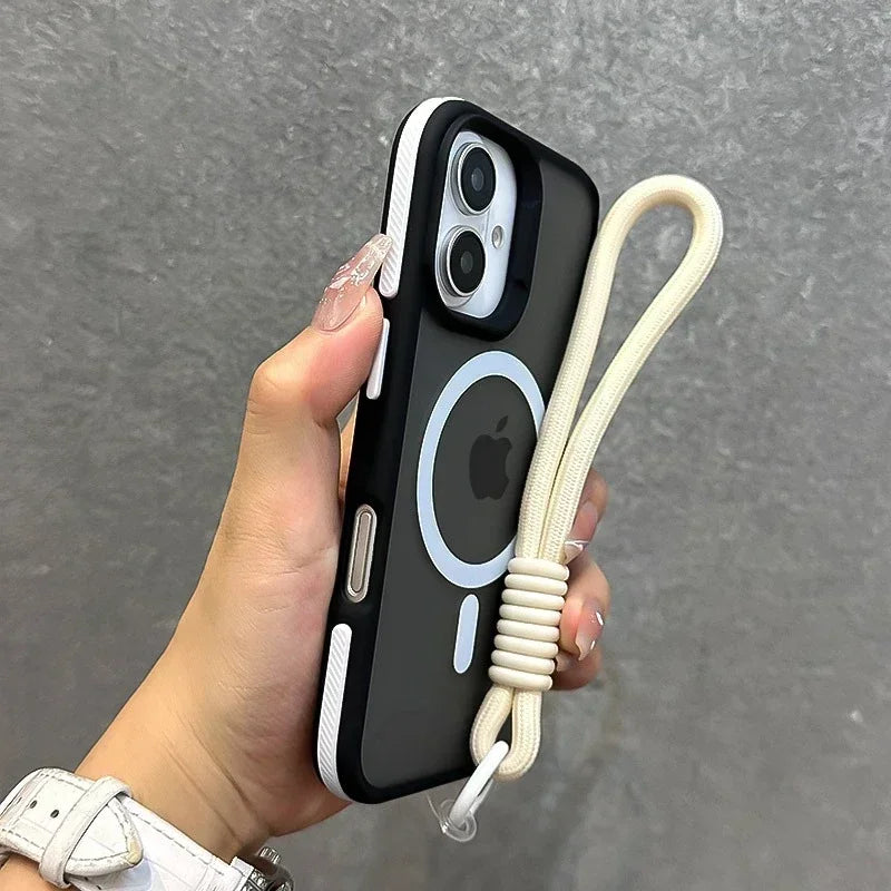 Luxury With Lanyard Magsafe Matte Phone Case For iPhone 16E SE4 16 15 14 13 12 11 Pro Max Plus Magnetic Bumper Back Cases Cover