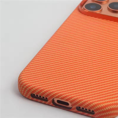Orange Carbon Fiber Texture Alloy Lens Strong for Magsafe Phone Case for IPhone 17 Pro Max Magnetic Shockproof Hard PC Cover