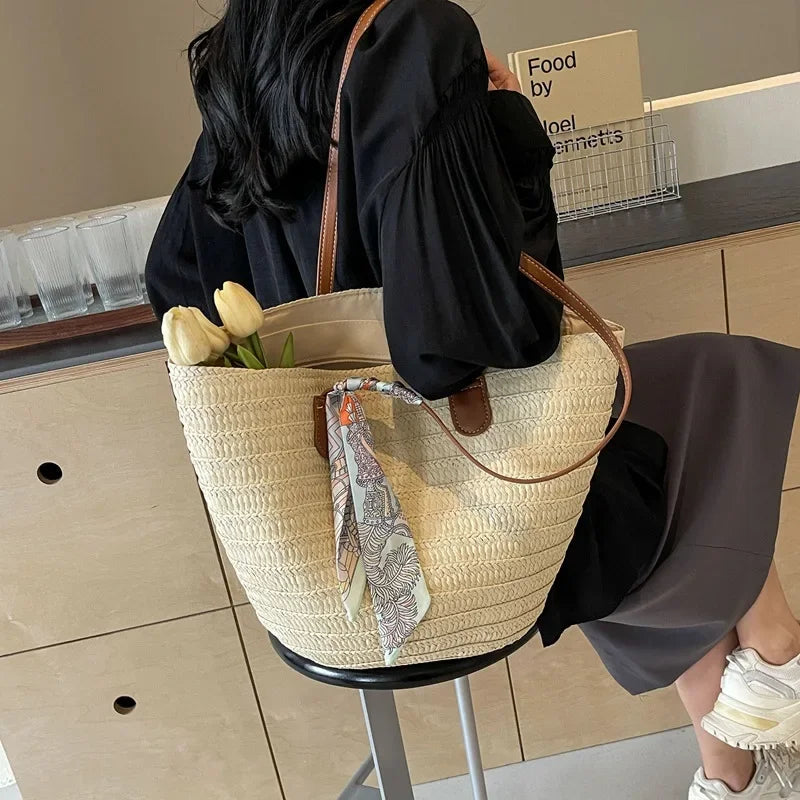 Large Capacity Straw Woven Bucket Tote Bag Commute Casual Beach Vacation Small Niche Design Polyester Lining Neutral Minimalist