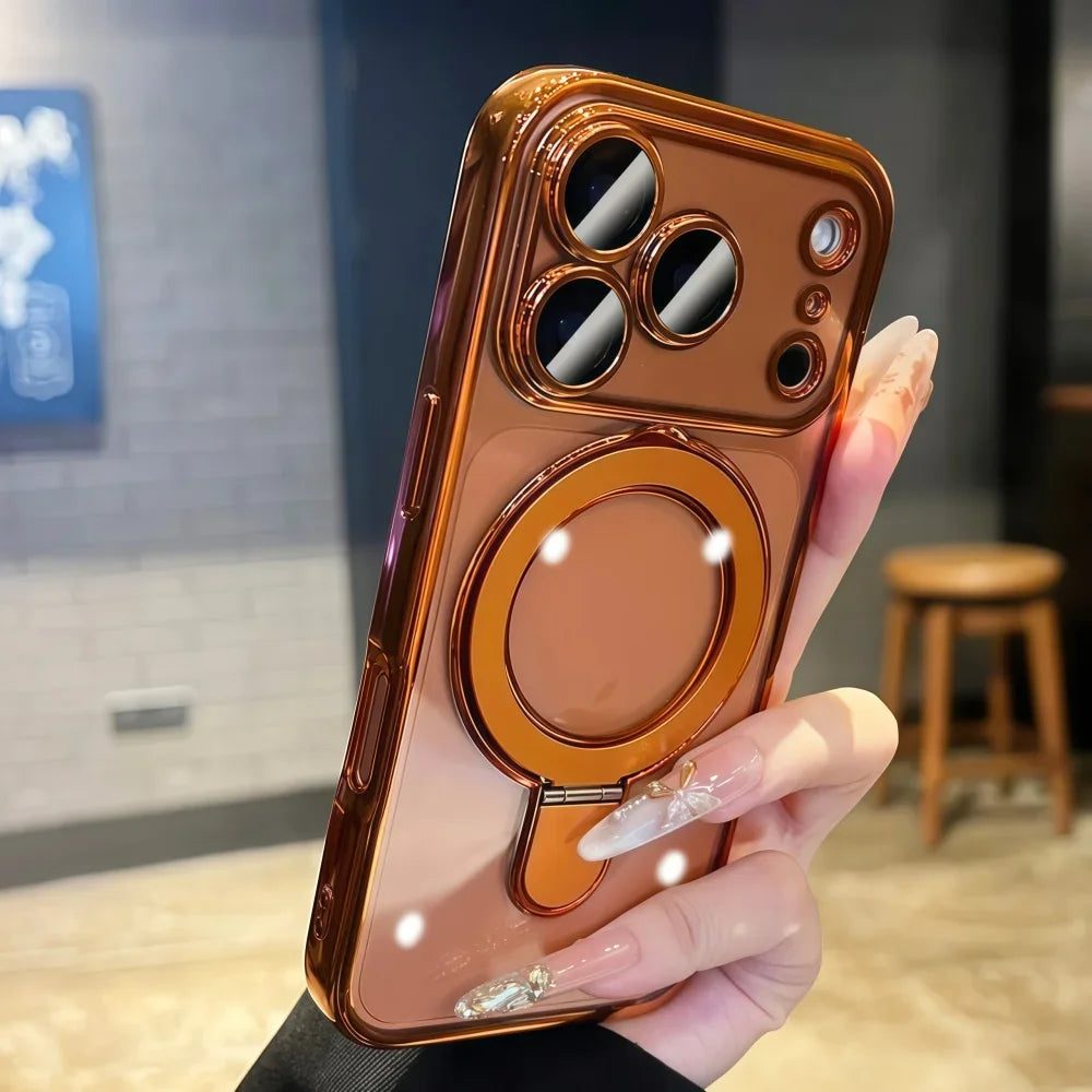 Bracket For Magsafe Phone Case For iPhone 17 16 15 14 13 Pro Max Magnetic Wireless Charging Soft Transparent Shockproof Cover