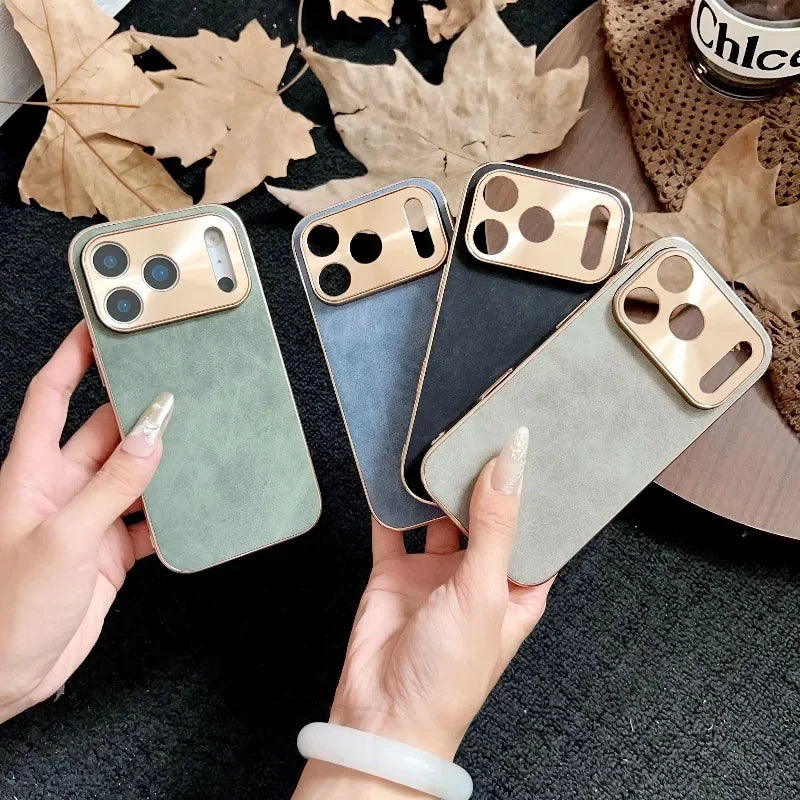 Plating Leather Matte Phone Case for iPhone 17 Air 16 16E 15 14 Plus13 Pro Max Shockproof Lens Protection Back Cover Shell