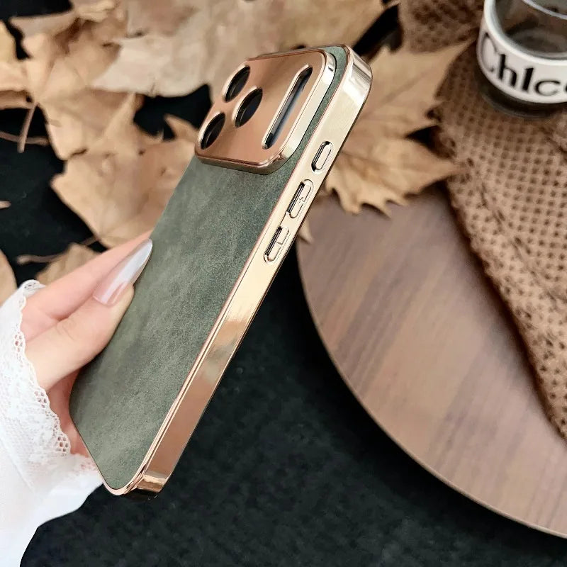 Plating Leather Matte Phone Case for iPhone 17 Air 16 16E 15 14 Plus13 Pro Max Shockproof Lens Protection Back Cover Shell